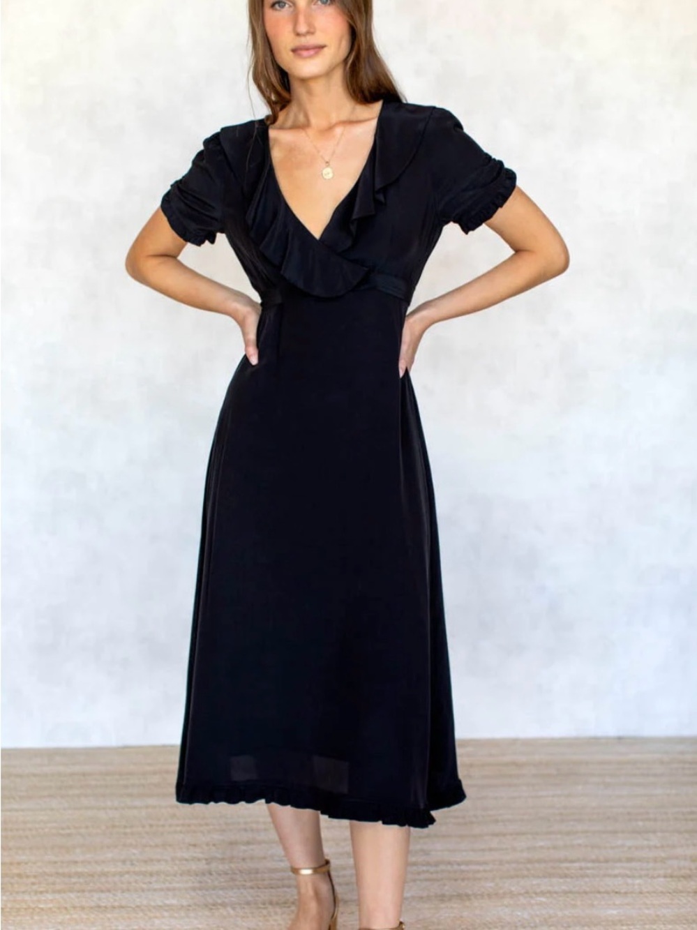 Emerson Fry Black Ruffle V-Neck Wrap Style Abella Long Lined Made in USA Dress